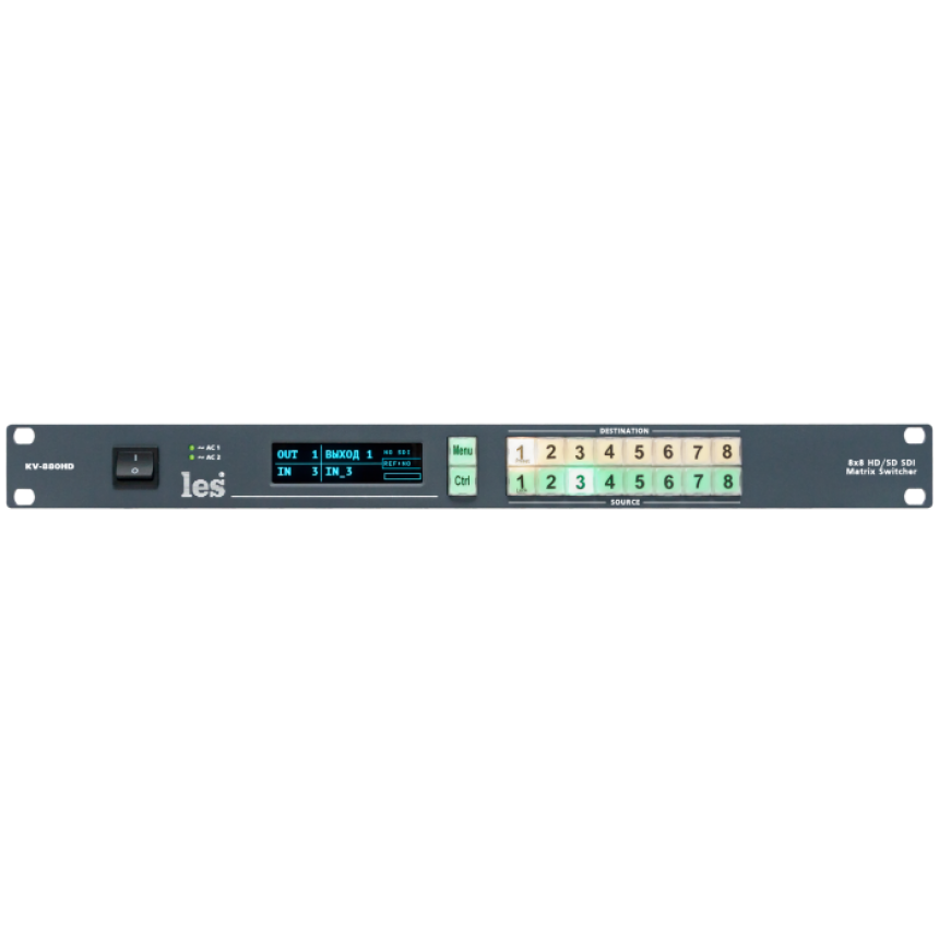 Матричный коммутатор Les KV-880HD 8х8 3G/HD/SD-SDI видеосигналов. Локальное и дистанционное управление, 2БП