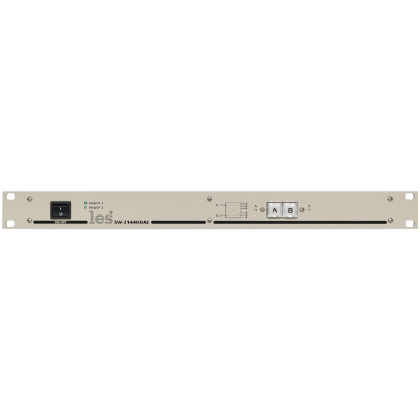 Коммутатор резерва Les SW-2144HDAE 2 в 1 для HD/SD-SDI и DVB-ASI сигналов. 4 мастер выхода, 4 предпросмотра. Управление c лицевой панели, по Ethernet и GPI, релейный обход, 2БП