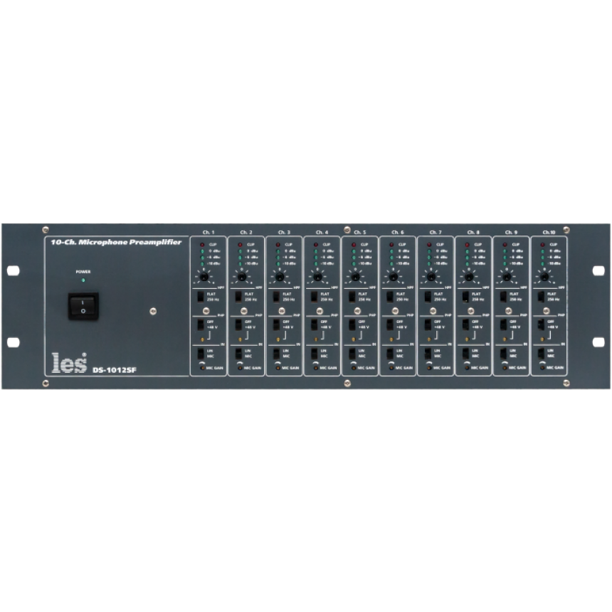 Les DS-1012SF 10 канальный усилитель-распределитель 1 в 2 симметричных аудиосигналов. Вход линейный или микрофонный, индикатор уровня, фильтр HPF.