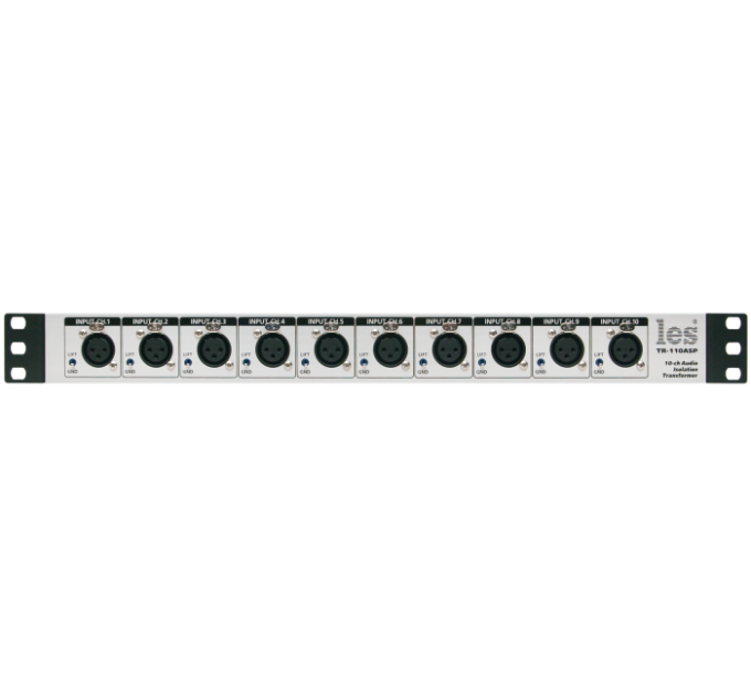 10-ти канальный блок изолирующих трансформаторов Les TR-110ASP для аналоговых симметричных аудиосигналов. Входные разъёмы на лицевой панели