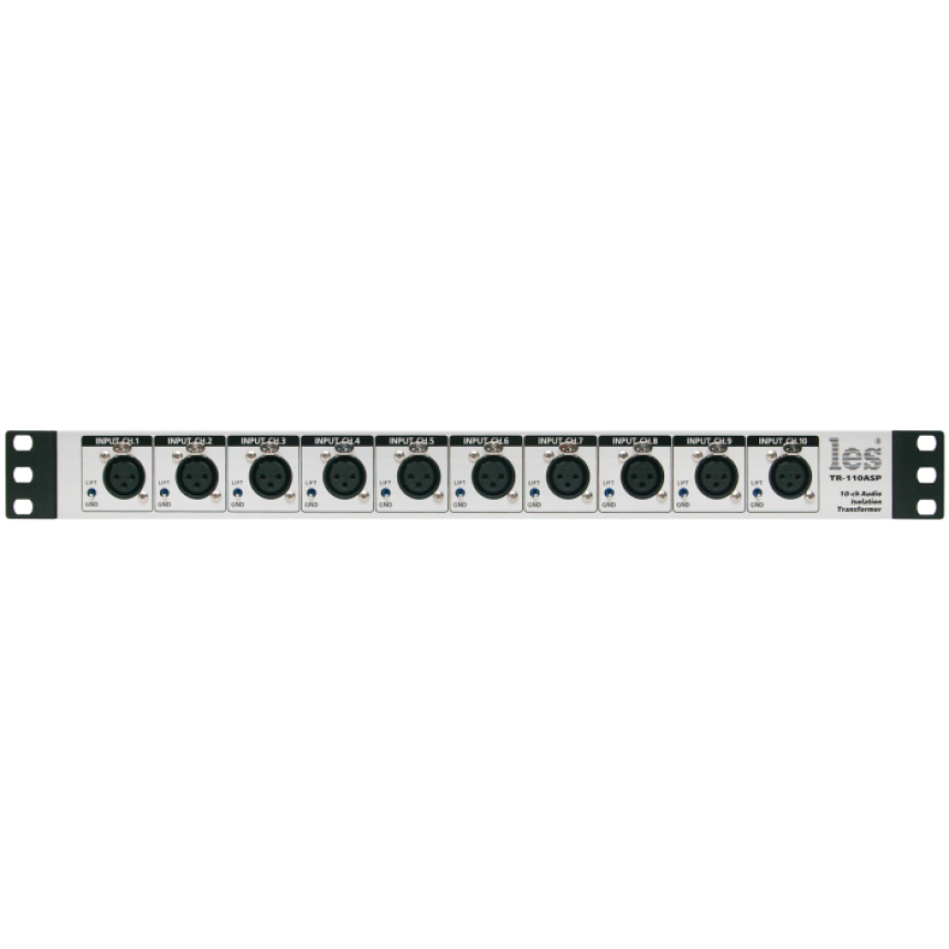10-ти канальный блок изолирующих трансформаторов Les TR-110ASP для аналоговых симметричных аудиосигналов. Входные разъёмы на лицевой панели