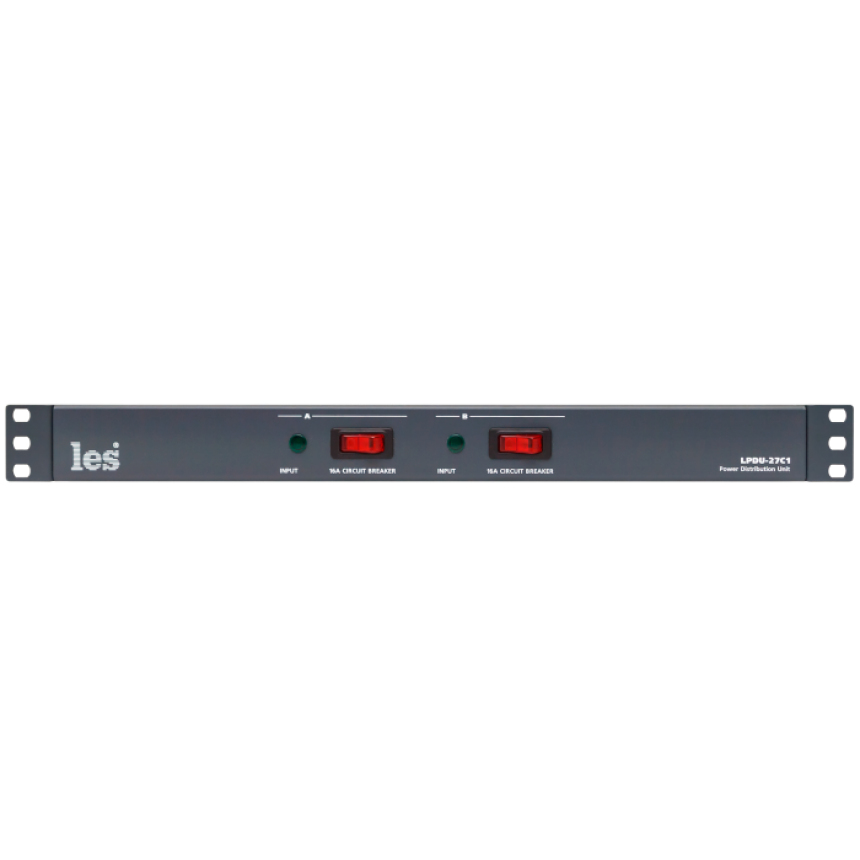 Двухканальное устройство распределения электропитания Les LPDU-27C1. Входные разъёмы powerCON, 7 выходов IEC C13 на канал, без защитного колпачка на кнопках включения