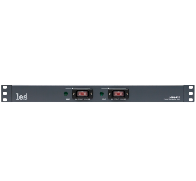 Les LPDU-27C Двухканальное устройство распределения электропитания. Входные разъёмы powerCON, 7 выходов IEC C13 на канал, с защитным колпачком на кнопках включения.