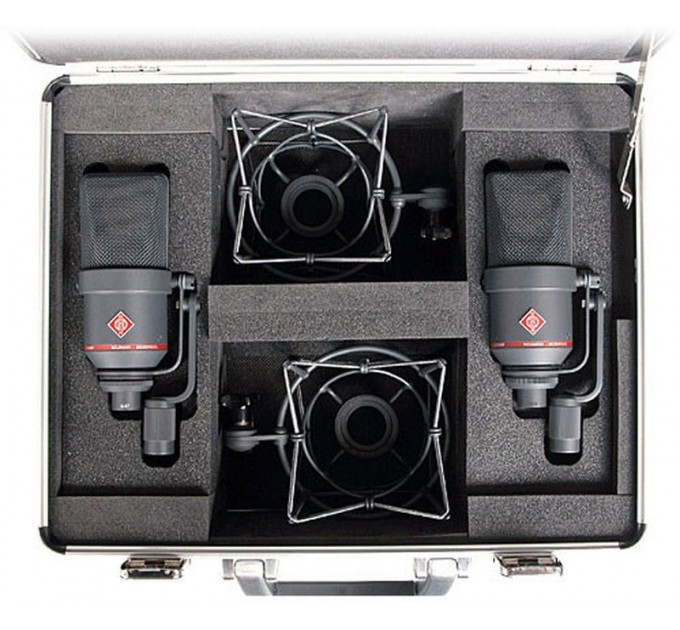 Комплект из двух студийных многонаправленных конденсаторных микрофонов Neumann TLM 170 R MT STEREO SET с большой диафрагмой и амортизатором, черного цвета