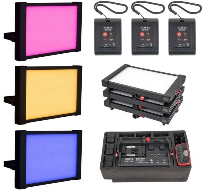 Комплект из трех светодиодных осветительных панелей с тремя аккумуляторами Boltzen Perseus RGBDT 55W Ready-to-Fly Travel 3-Light Kit от CAME-TV