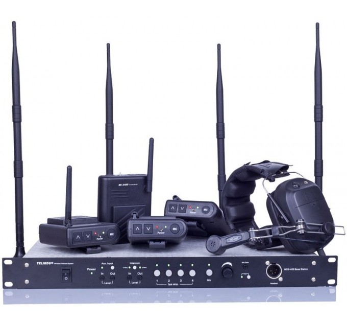 Комплект цифровой четырехканальной полнодуплексной беспроводной системы внутренней связи TELIKOU MDS-400 Package на 4 абонента